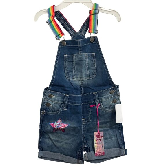 Vigoss Girls Denim Shortall With Rainbow Straps Size 4 - Picture 1 of 7